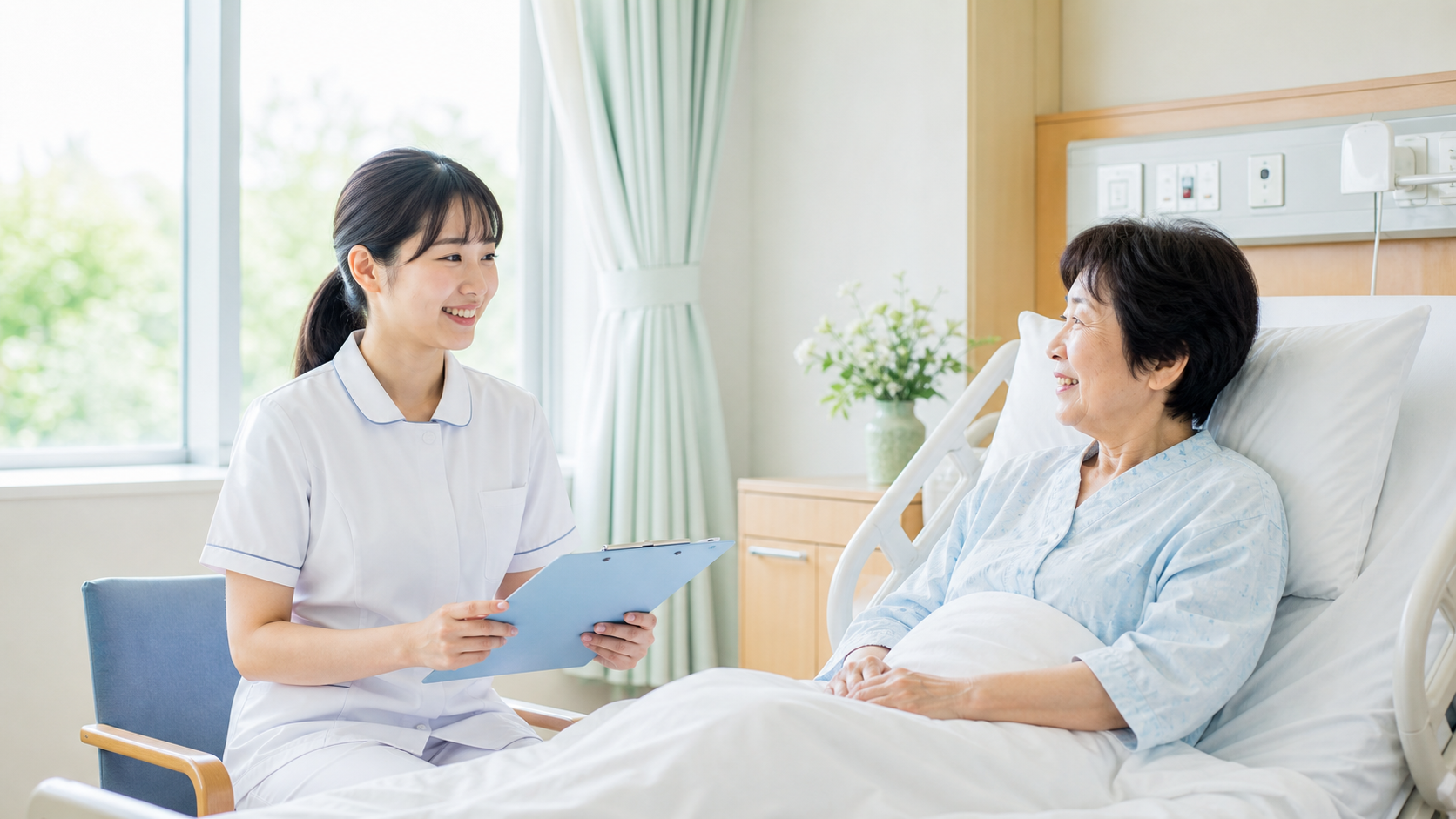 看護の現場:病室で患者さんと対話する看護師